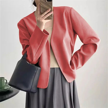 2025 Spring Autumn Fashion New Women's Suit Jackets Solid Short Coats Korean Blazers Long Sleeve Cardigan Coat Without Placket