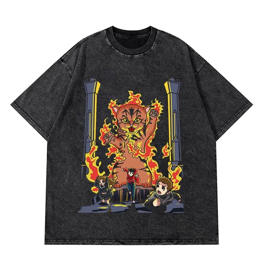 Anime Pain Printed T Shirt Men Retro Washed 100% Cotton Tops Tees Harajuku Tshirt 2023 Streetwear Hip Hop Male T-shirts