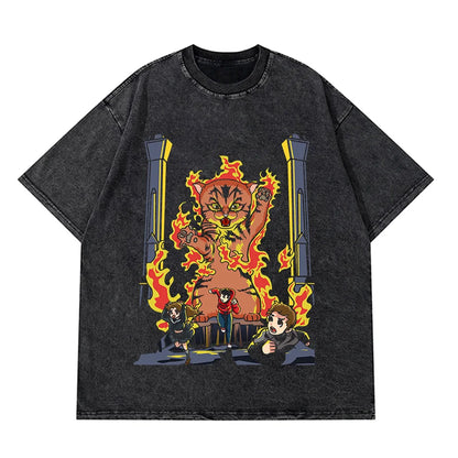 Anime Pain Printed T Shirt Men Retro Washed 100% Cotton Tops Tees Harajuku Tshirt 2023 Streetwear Hip Hop Male T-shirts