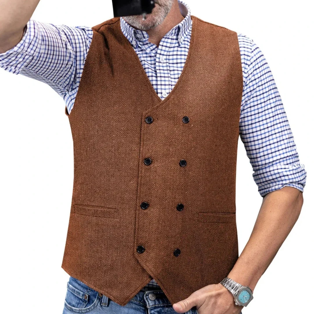 Men Vest Brown Herringbone Double Button Waistcoat For Wedding Birthday Banquet Party Business Office Work Men Suit Vest