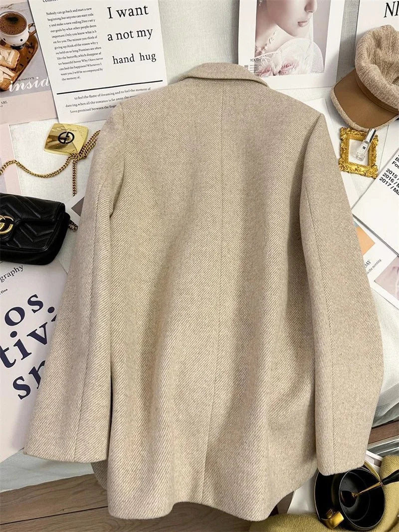 Fashion Woolen Suit Jacket Women's Vintage Blazers Double-breasted Office Coat Female Casual Outerwear Spring Autumn Streetwear
