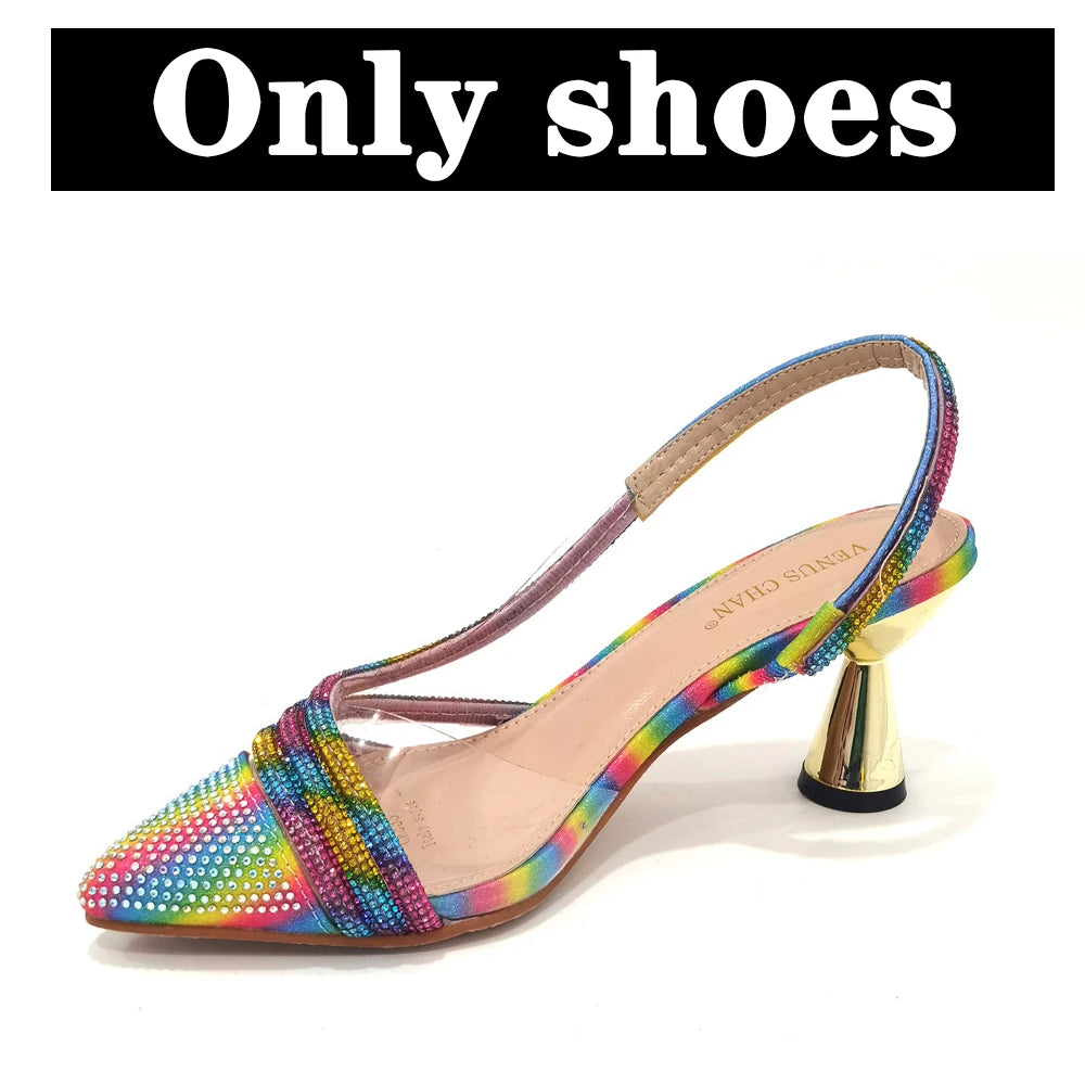 Italian Pointed Toe Wedding Shoes Gold Color Summer Sandal for Women 2023 High Heels Rhinestone Shoe and Bag Set