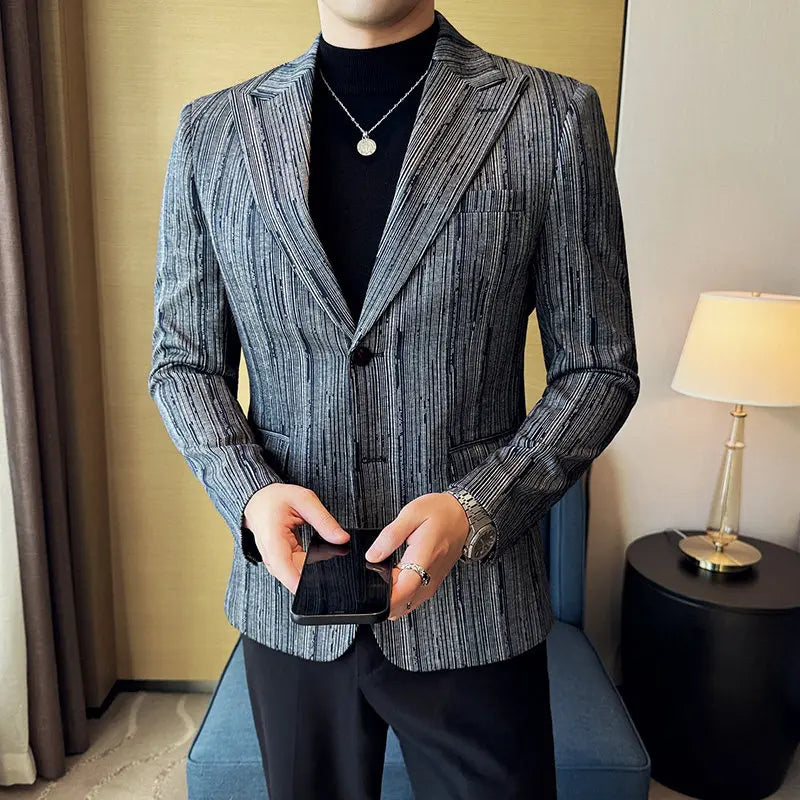 Fashion Meteor Line Checkered Elegant Suit Jacket Men Fashion De Luxe Business Slim Fit Single Breasted Social Party Dress Coats