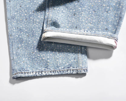 Full Rhinestone Print Washed Blue Baggy Jeans Mens and Women Ropa Hombre Streetwear Solid Casual Denim Trousers Loose Cargos