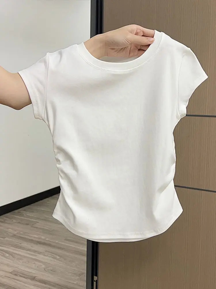 Summer Slim Fit Top for Women Casual Threaded Waist Cinched U-Shaped Hem Short Sleeve Irregular Hemline Women's Clothing