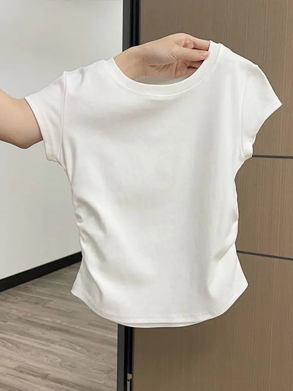 Summer Slim Fit Top for Women Casual Threaded Waist Cinched U-Shaped Hem Short Sleeve Irregular Hemline Women's Clothing