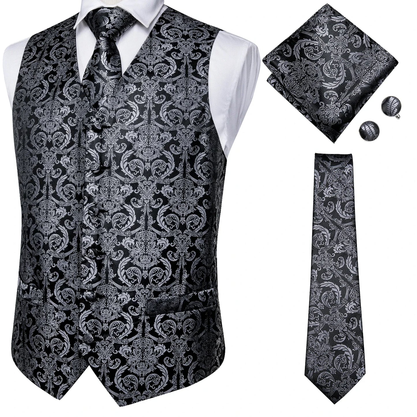 Adult Men's Vest for Suit Luxury Paisley Floral Plaid Suit Vest and Tie Set Blue Gold Red Sliver Wedding Vest Men