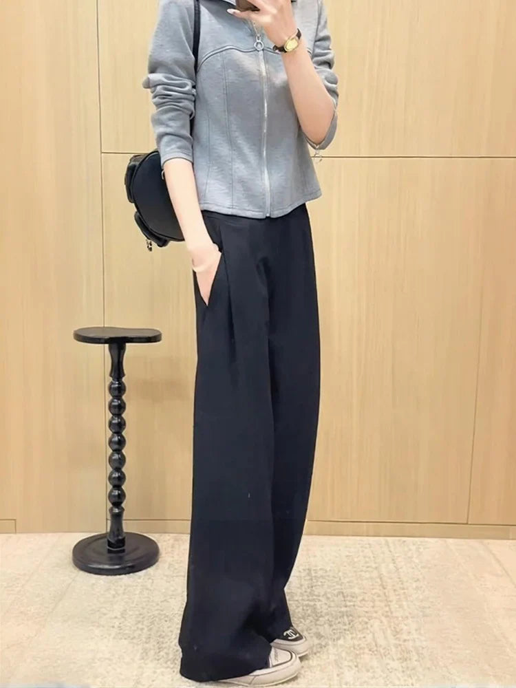 Khaki Casual Pants Women plus Size 200 Pou Loose Straight Leg High Waist Slimming Wide Leg Pants Commute Sle Korean Version