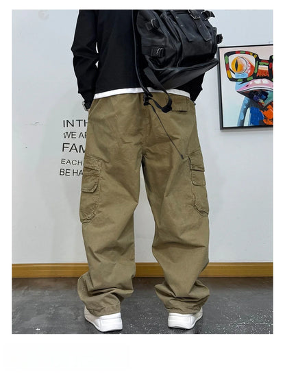 American Premium Cargo Pants Mens Pleated Baggy Multi Pocket Streetwear Oversized Straight Leg Casual Spring Fall Trendy Male