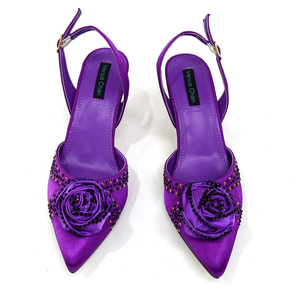 Sparkling Rhinestone Rose Pumps With Medium Heel for Nigerian Women's Party, Pointed Toe Shoes and Matching Bags
