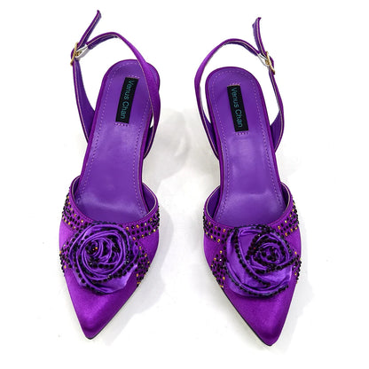 Sparkling Rhinestone Rose Pumps With Medium Heel for Nigerian Women's Party, Pointed Toe Shoes and Matching Bags