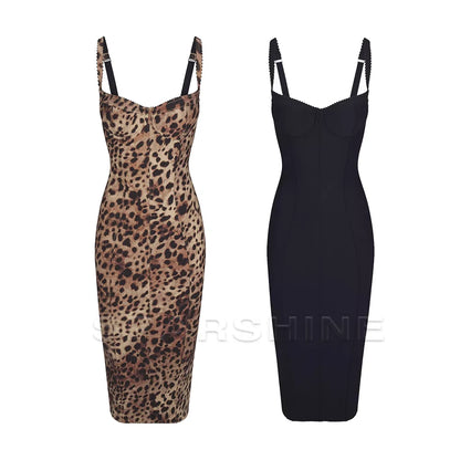 Sexy Leopard Print Dress Women's Sleeveless Fitted Stretch Bodycon Mid-Calf Dress Clubwear Evening Party Dresses