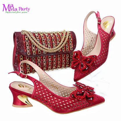 2025 High Quality Winter New Arrivals Specials Design Italian Shoes and Bag Set in Wine Color Low Heels Comfortable For Wedding