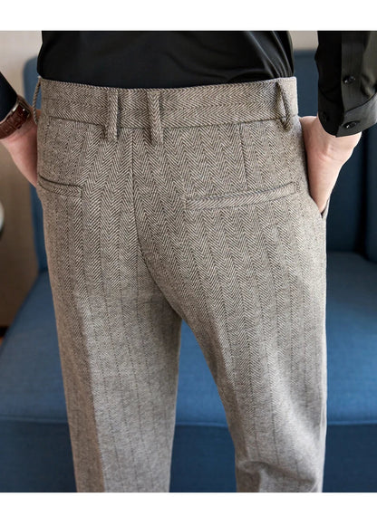 2025 Autumn Winter New Stripe Woolen Cloth Suit Pants Men Thick Warm Fashion Business Casual Male Straight Formal Trousers