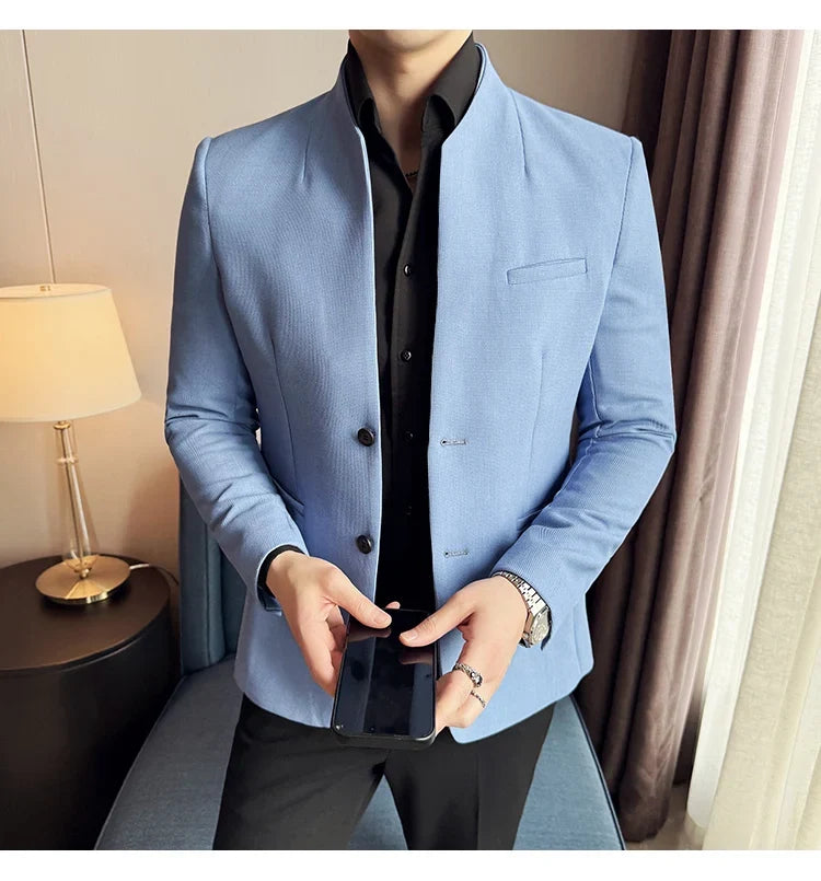 New Waffle Chinese Stand-Up Collar Blazers Men Slim Fit Business Casual Fashion Suits Jacket Formal Social Prom Party Tuxedos