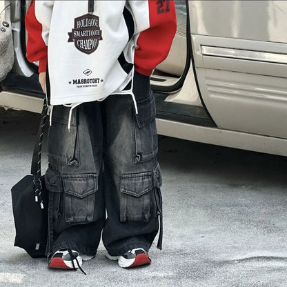 Boys Autumn Patchwork Pure Cotton Sweater Retro Multi Pocket Jeans Set 2026 New Student Baby Fashion Korean 2pcs Set outfits