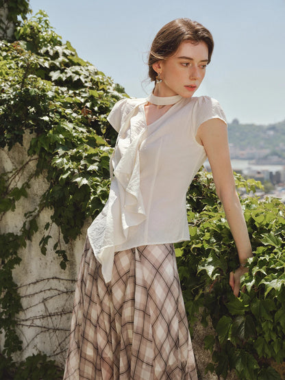 Ruffled V-neck Shirt for Women 2025 Summer New Arrival Elegant Temperament Commuting Flying Sleeve Slim Chic Top 25FS12683