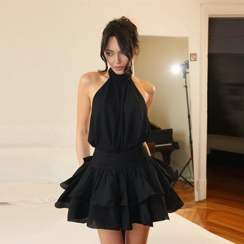 Chiffon Halter Ruched Ribbon Slim Fit Tiered Mini Dress Women'S Fashion Sexy Elegant Dress Party Vacation Summer Clothes