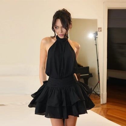 Chiffon Halter Ruched Ribbon Slim Fit Tiered Mini Dress Women'S Fashion Sexy Elegant Dress Party Vacation Summer Clothes
