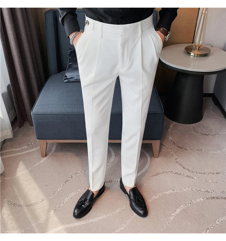 Autumn Winter High Quality Solid Casual Pants Men Belt Design Slim Fit Trousers Formal Office Business Social Party Suit Pants