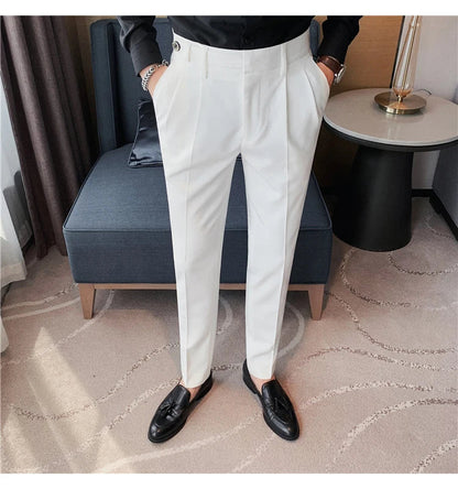 Autumn Winter High Quality Solid Casual Pants Men Belt Design Slim Fit Trousers Formal Office Business Social Party Suit Pants