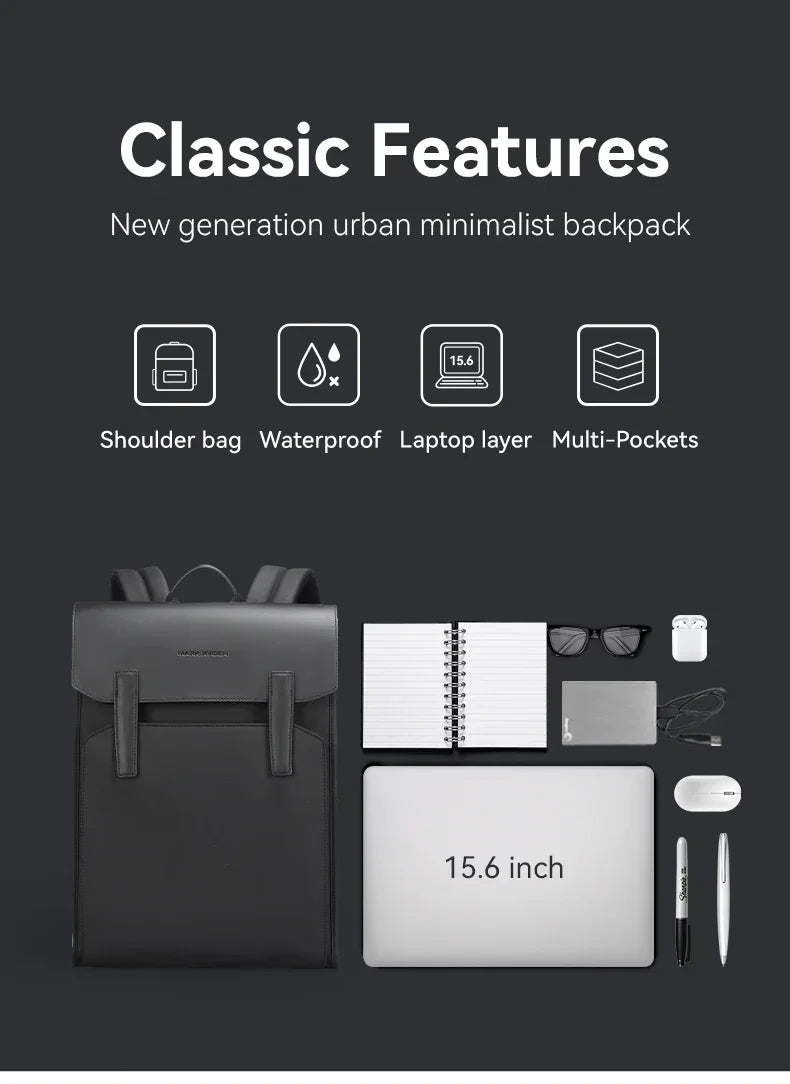 Mark Ryden Classic Business Work Black Leather Backpack 15.6 Inch Laptop Waterproof Bag School Bags Business bacbackpack for men