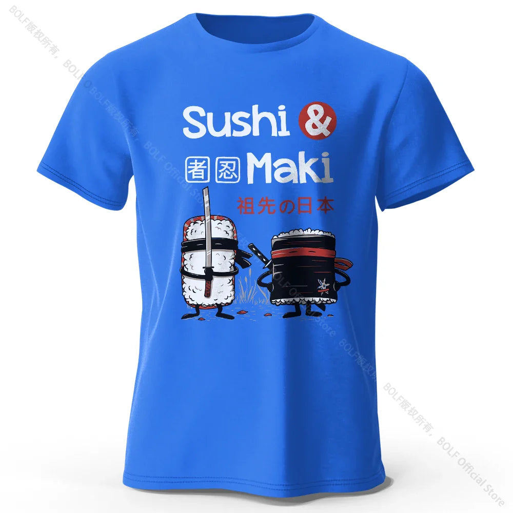 Kawaii Sushi Harajuku Printed 100% Cotton T-Shirt, Soft & Breathable Round Neck Short Sleeve Tee, Unisex Cute Style