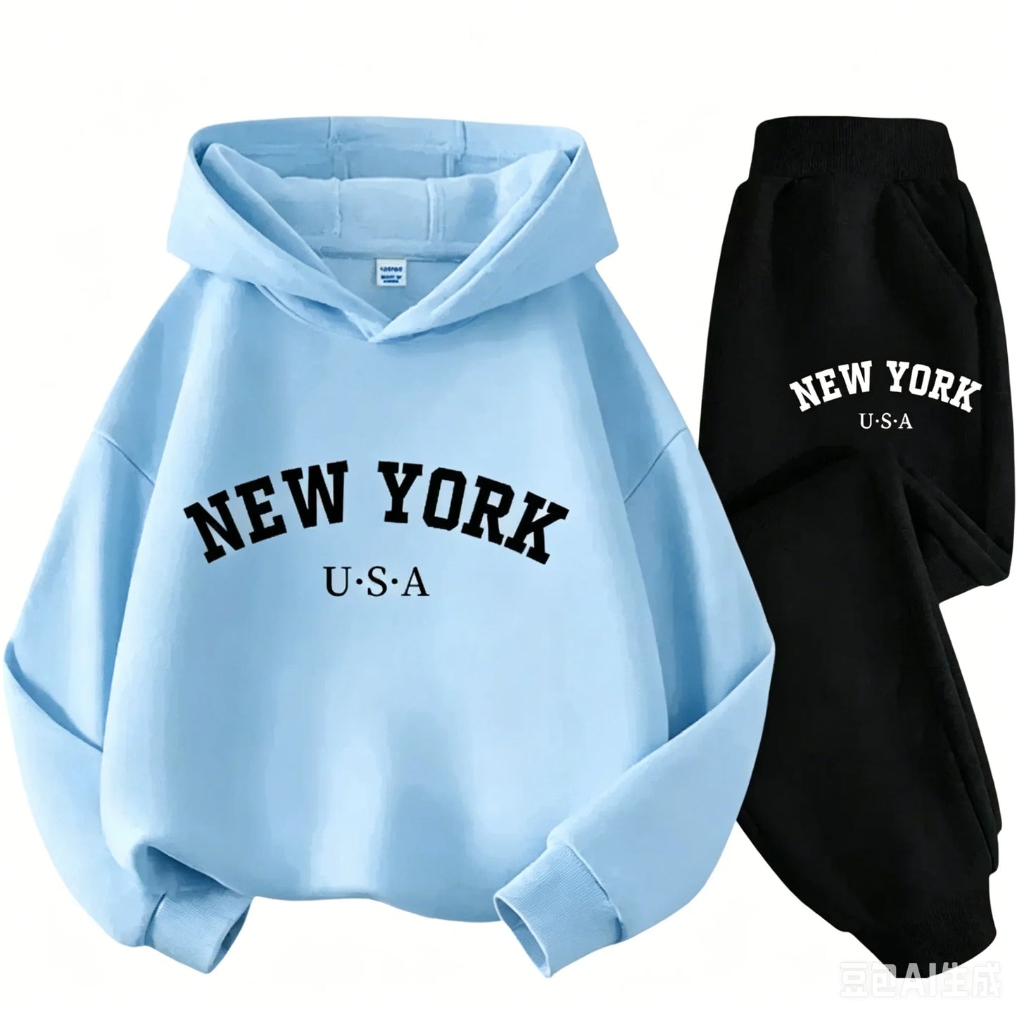 Children Hoodie Set Autumn Winter New York USA Letter Graphic Sweatshirt Pant Suit Baby Boy Girl Kid Sport Two Pieces Tracksuit