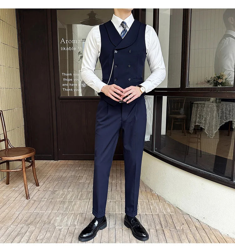 ( Vest + Pants) Men Luxury Double Breasted Design Suit Vest 2 pieces Formal Groom Wedding Dress Vest Set Fashion Club Clothing