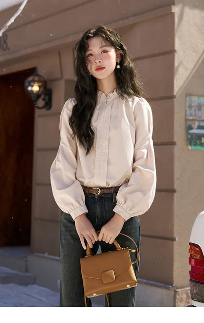 French Autumn Winter Button Up Lantern Long Sleeve Shirts Women Ruffle Neck Thick Warm Blouse Flannel Shirt MXC56X1320
