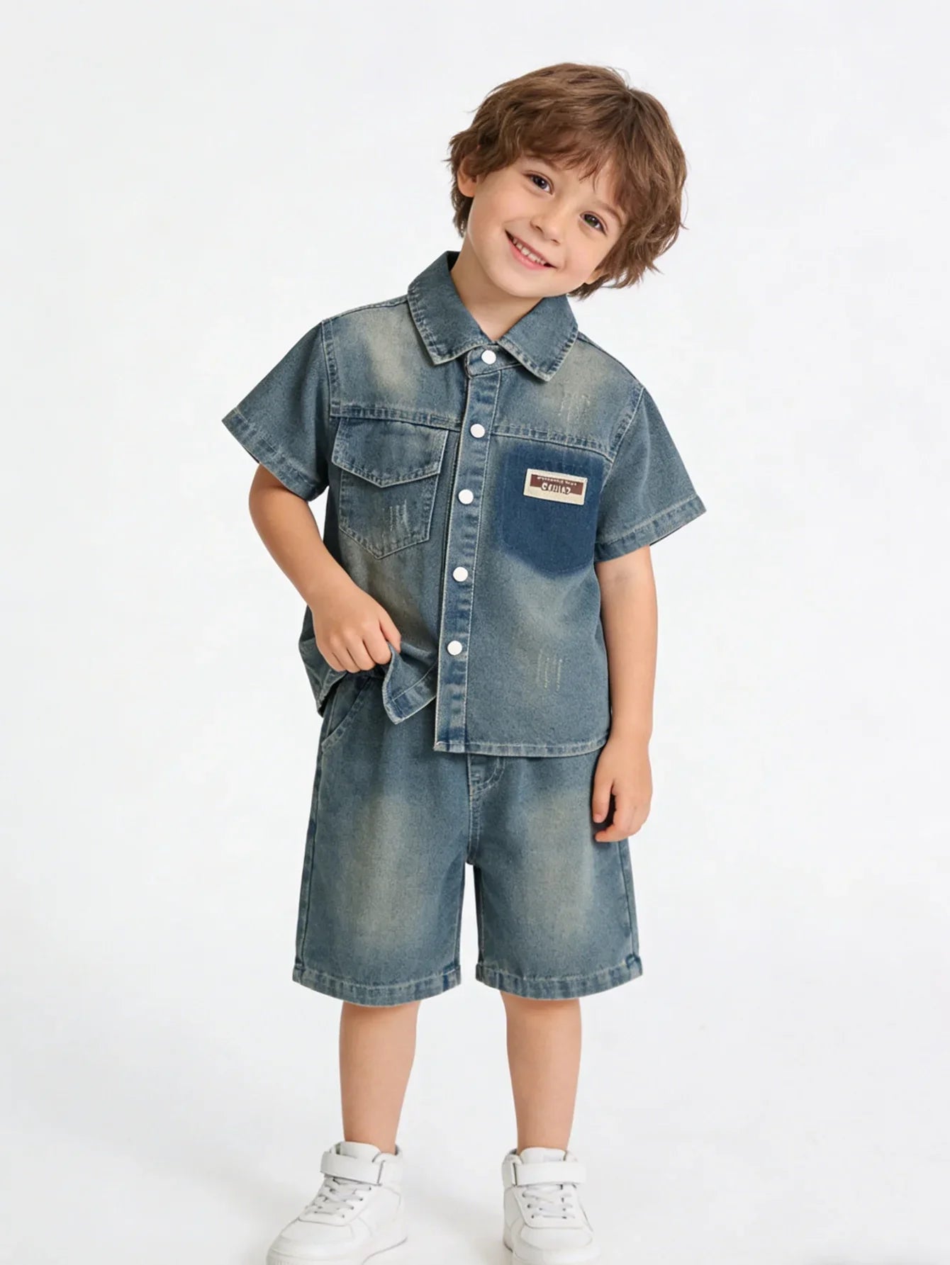 Breathable Kids Denim Two Piece Set, Soft Cotton Blend Toddler Boy Casual Outfit, Lightweight Vintage Washed Shirt + Shorts For