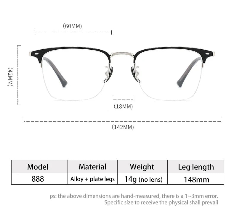 Classic Business Half Rim Eyeglasses Black Reading Glasses Men 888 Retro Anti-Blue Light Frames Customizable prescriptions