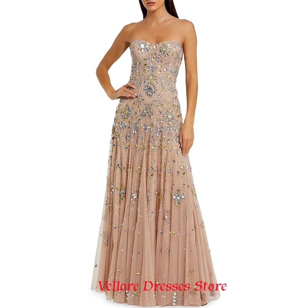 Luxury Champagne Tulle Evening Dress Classic Sweetheart Sleeveless Celebrity Gowns Delicate Crystal Customized Party Dresses