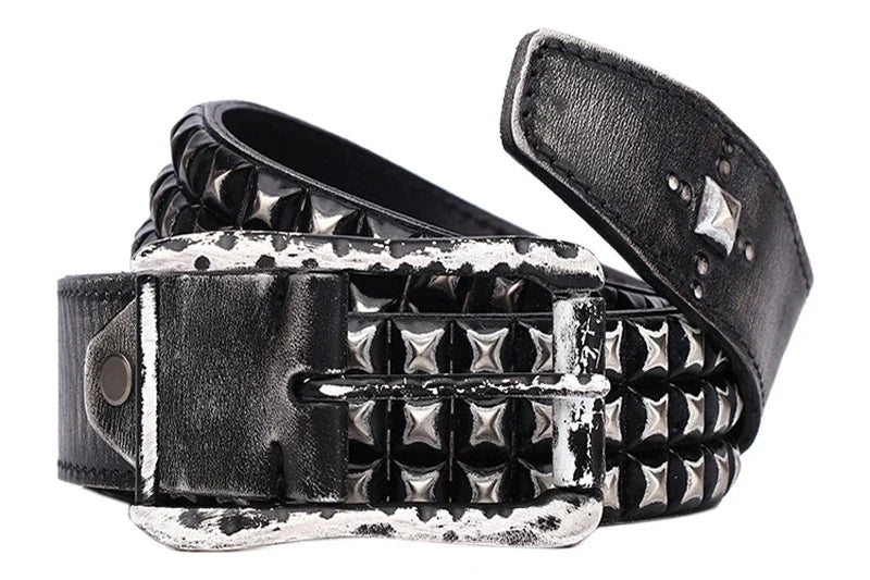 3.8CM Retro Real Genuine Leather Belt Luxury Thick Rivet Belts Men Leather Vintage Strap Male Wide Jeans Ceinture Black Waist