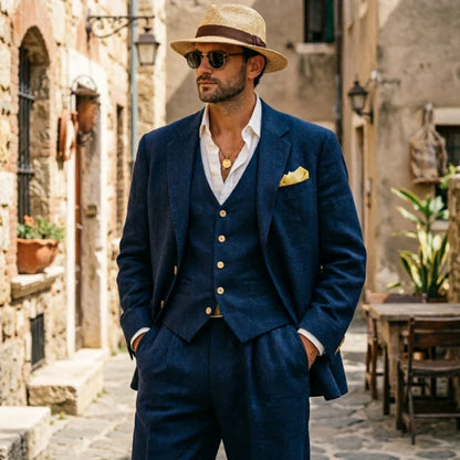 Relaxed Linen Men Suits Dark Green 3 Pieces Minimalist Single Breasted Casual Suit For Summer Wedding Party Business Occasion