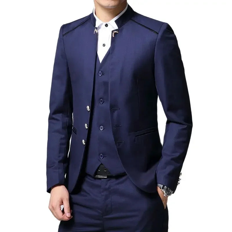 Black Stand Collar Men's 3-Piece, Wedding Party Blazer Jacket and Vest with Pants, Blue Asian Size Slim Fit Sets.