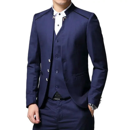 Black Stand Collar Men's 3-Piece, Wedding Party Blazer Jacket and Vest with Pants, Blue Asian Size Slim Fit Sets.