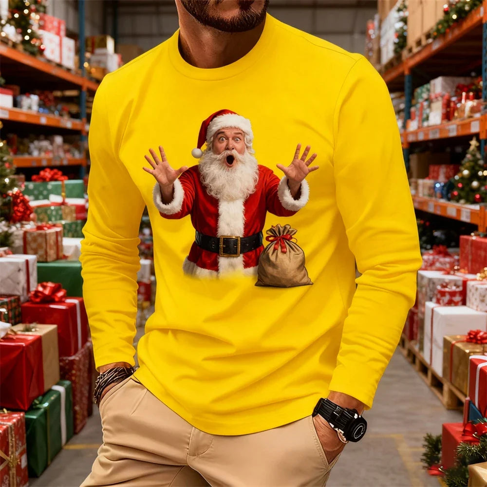 New Fun Santa Claus Design Comfortable Long-Sleeve T-Shirt Santa Claus Pattern Men's Casual Crew Neck Loose-Fit Breathable Top