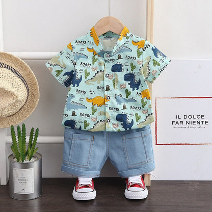 Children Clothes Spring Cartoon Baby Boy Short Sleeve Printe Dinosaur Causal Shirts Jeans 2Pcs/set Kid Fashion Toddler Tracksuit
