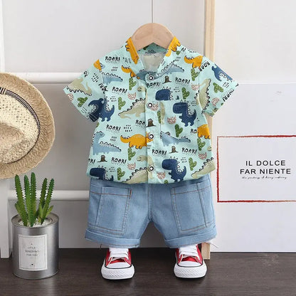 Children Clothes Spring Cartoon Baby Boy Short Sleeve Printe Dinosaur Causal Shirts Jeans 2Pcs/set Kid Fashion Toddler Tracksuit