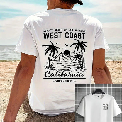 Men's 100% pure cotton casual loose retro California beach surfing pattern printed round neck short sleeved T-shirt top