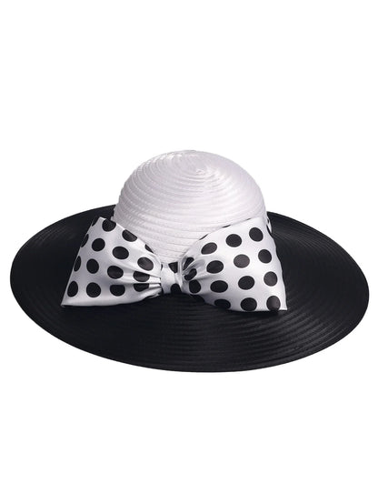 Elegant Women Wide Brim Rose Black Patchwork Polka Dots Kentucky Hat For Wedding Party Hat Big Bowknot Fedora Beach Cap