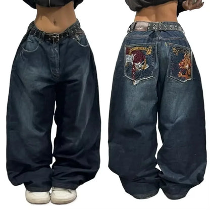 vintage style printing black baggy jeans harajuku trend men women hip hop fashion casual Joker couple Wide-leg pants streetwear