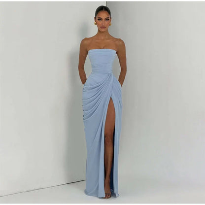 Lady Sexy Strapless Split Solid Pleated Dress Women Chic Backless High Waist Off-shoulder Dresses 2026 New Evening Party Gowns