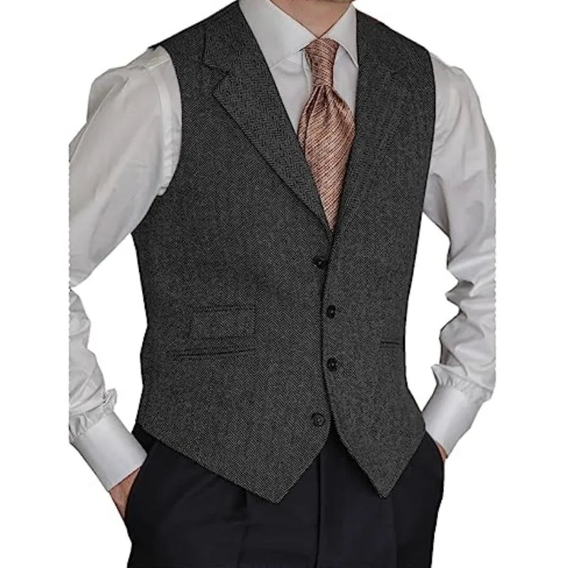 Men Vest Brown Classic Herringbone Pattern Suit Vest Notch Lapel Waistcoat Slim Formal For Wedding Groomsmen Banquet Men Suit