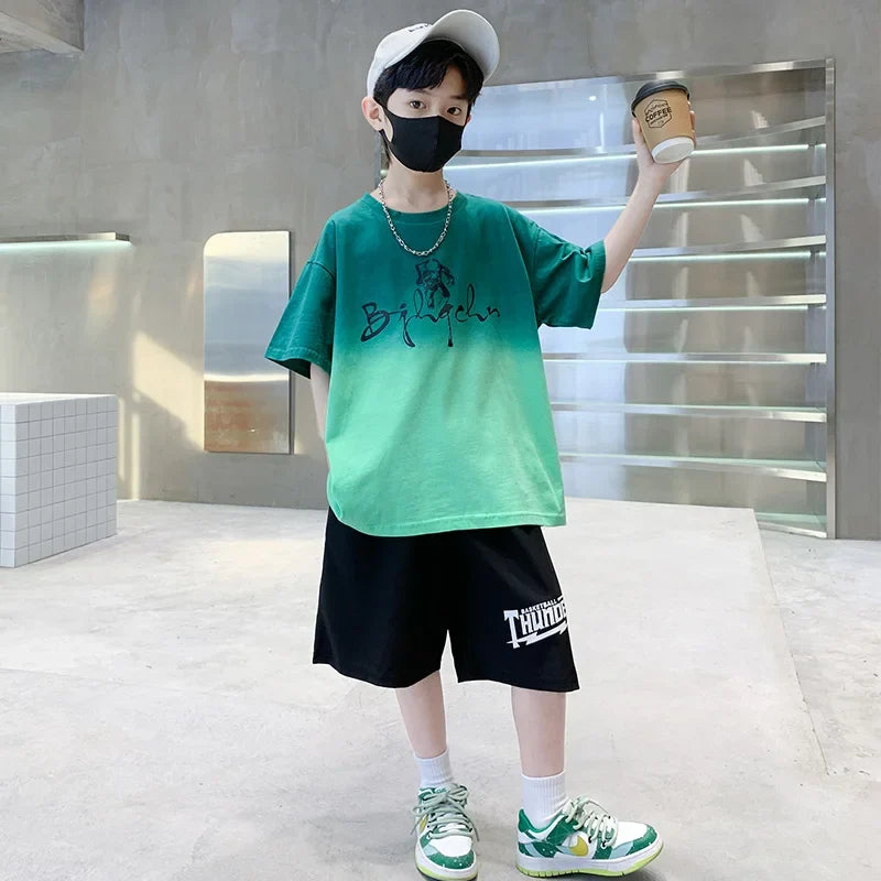 Kids Boy New Summer Suit Tie Dye T-shirt + Cargo Shorts 2 Pieces Tracksuit for Teens Child Shorts Sleeve Clothing Set Age 4 - 14