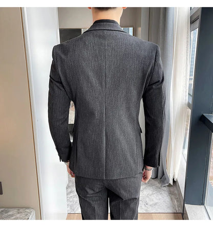 ( Blazer + Vest + Pants ) High-end Formal Casual Business Striped Fashion Men's 3 Piece Suit Groom Wedding Dress Suit
