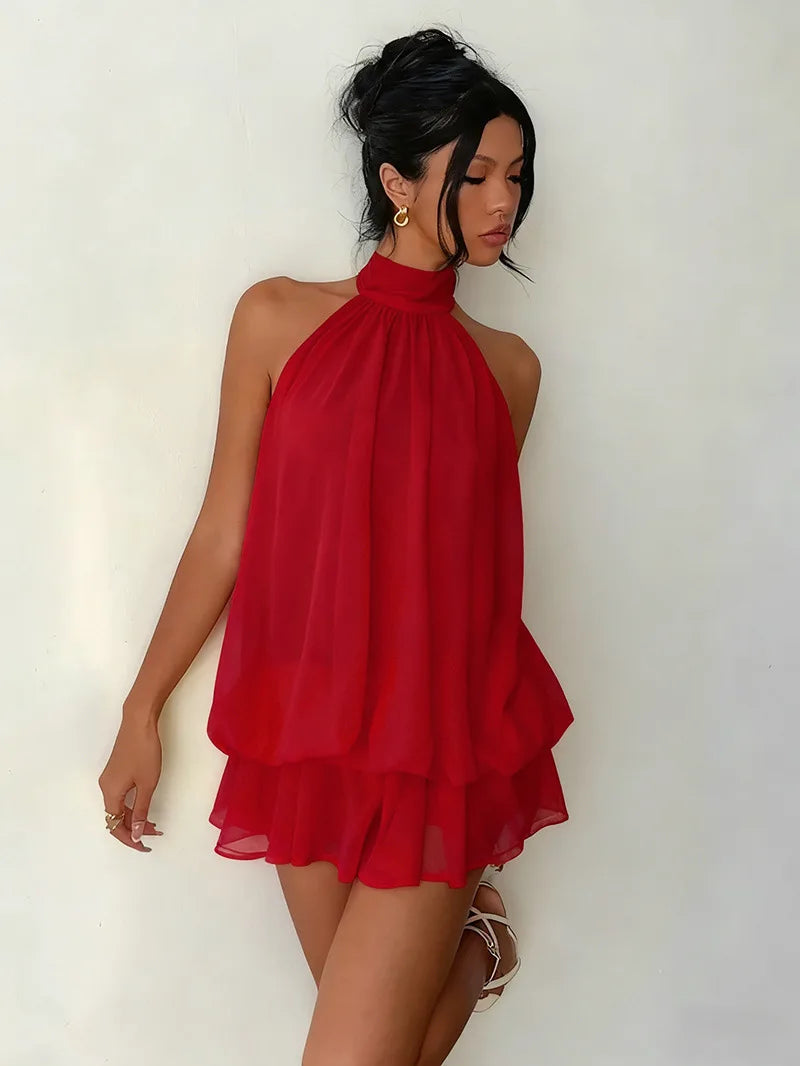 Women's Halter Neck Dress, Backless Tie-Front Chiffon Sheer Mini Skirt, Fashionable Sexy Y2K Vintage Cute Party Birthday Dress