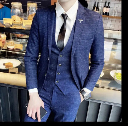 2023 Men's British Fashion Three-piece Set Slim Fit Suit Vest Trousers Ensemble Handsome Trendy All-in-one Banquet Blaze