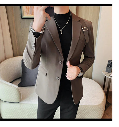 2024 Autumn Winter New Strap Decoration Suit Jacket for Men Fashion Slim Casual Business Blazers Groom Wedding Social Tailcoat